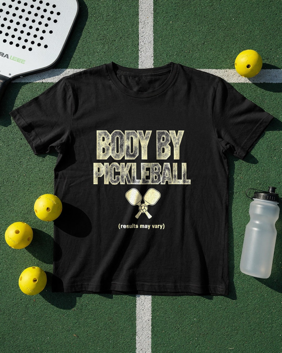 Body by Pickleball T-shirt flat lay