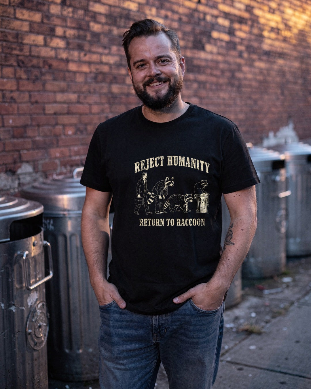 Person wearing the Reject Humanity, Return to Raccoon T-shirt