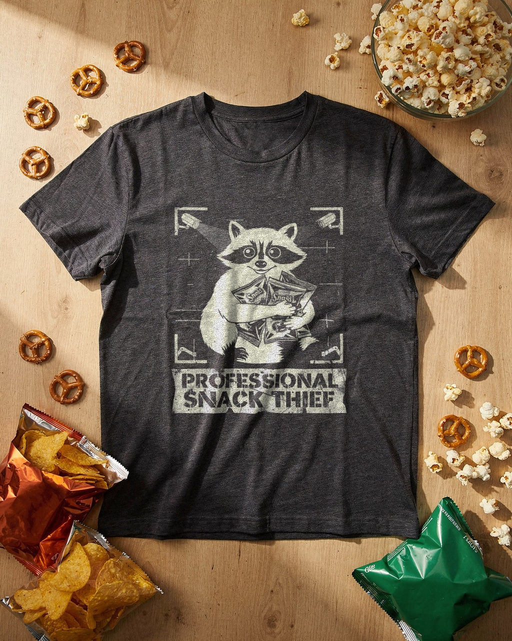 Professional Snack Thief Raccoon T-shirt flat lay