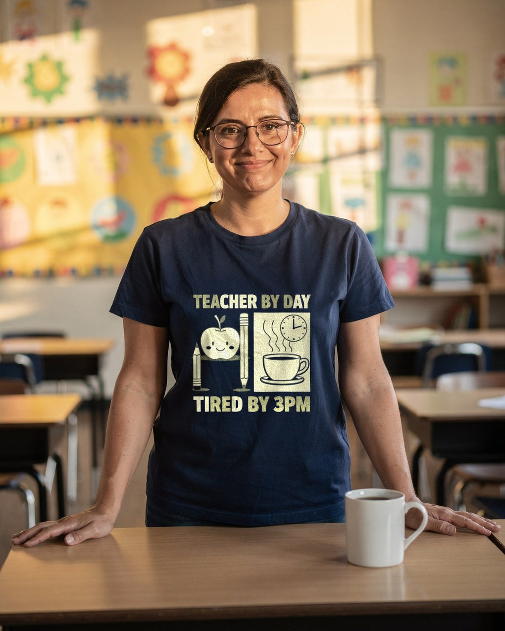 Person wearing the Teacher by Day, Tired by 3PM T-shirt