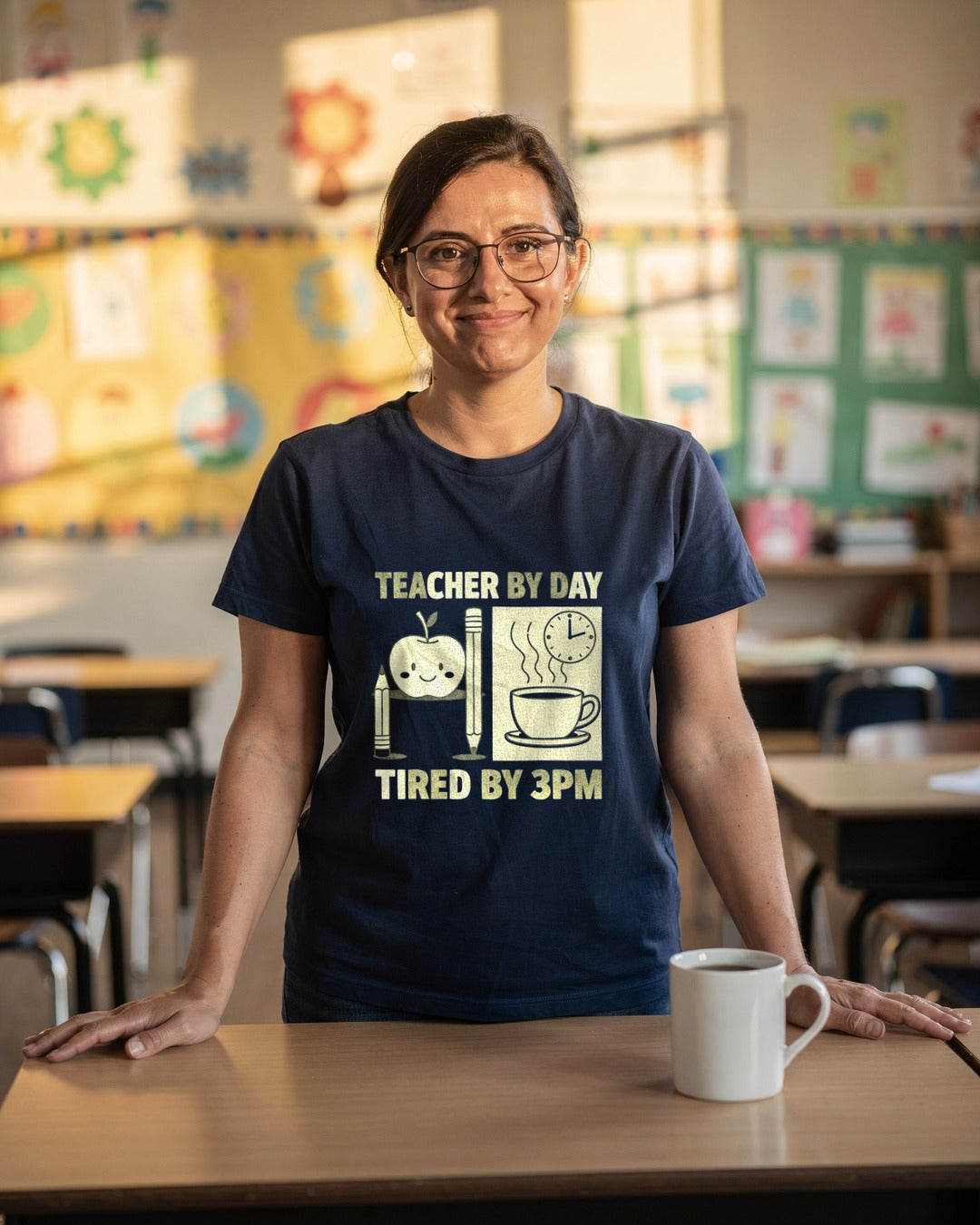 Person wearing the Teacher by Day, Tired by 3PM T-shirt