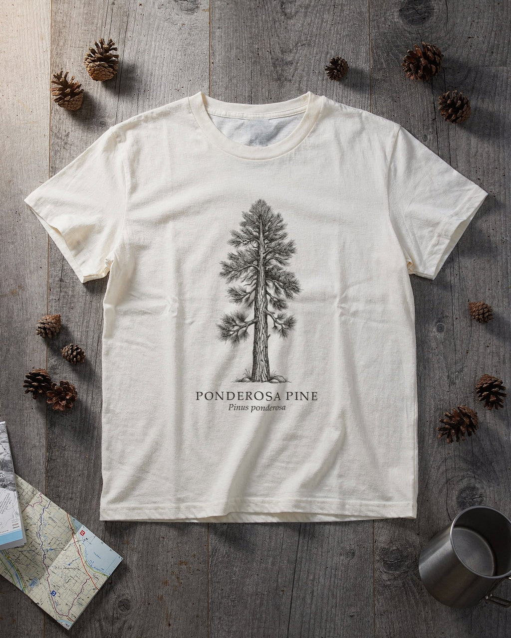 Ponderosa Pine T-shirt flat lay