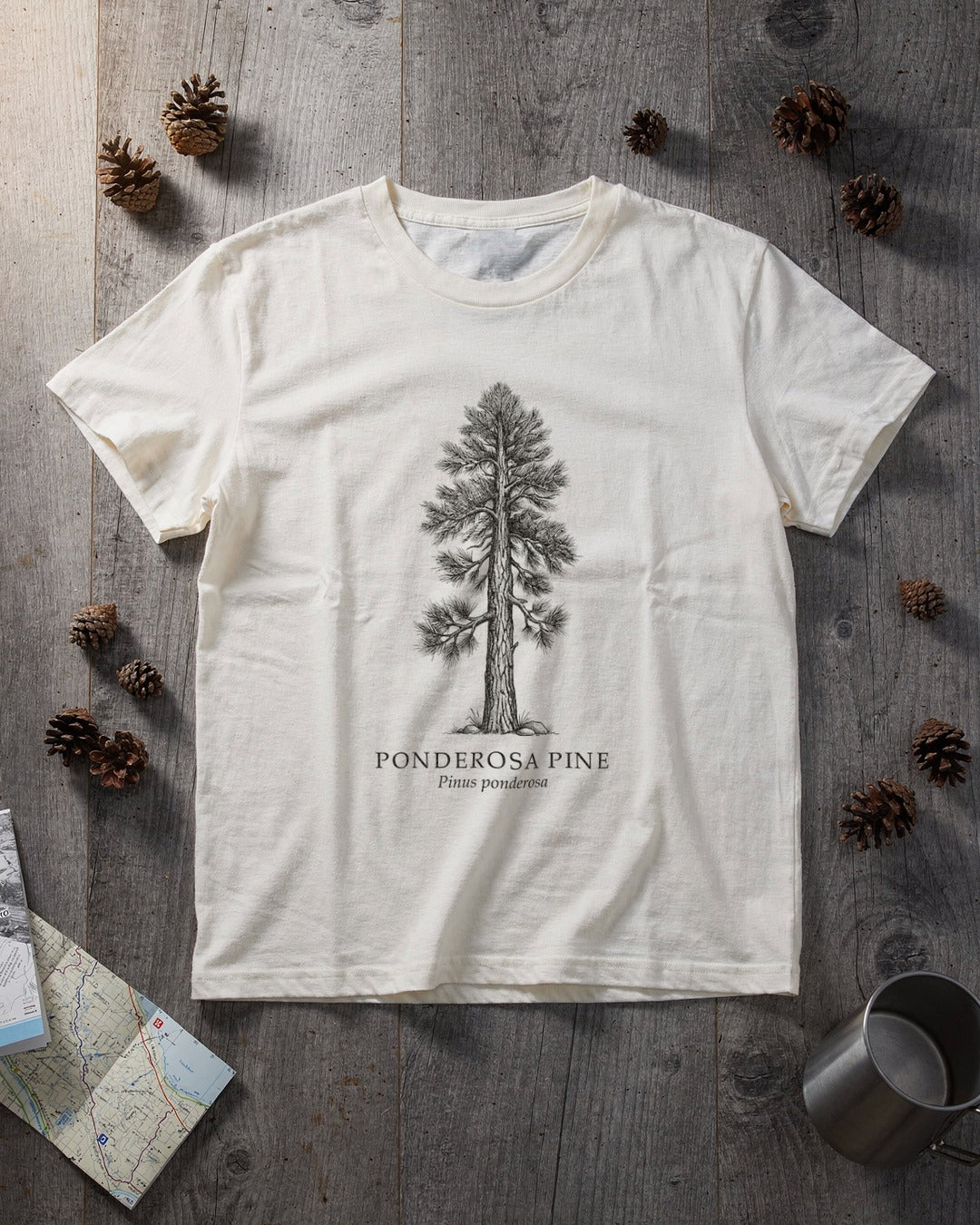 Ponderosa Pine T-shirt flat lay